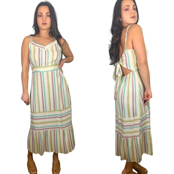 LunaChix Cream Midi Striped Back Bow Tie Dress - Picture 3 of 5